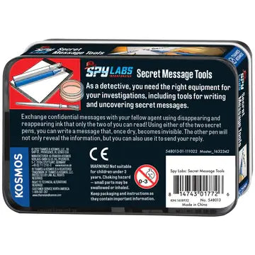 Back of a rectangular black tin with blue accents showing product info and illustrations of secret message pens.