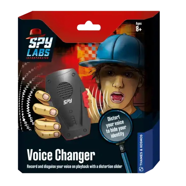 Red and black toy packaging featuring a black handheld voice changer device and an illustration of a boy in a blue cap.