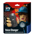 Red and black toy packaging featuring a black handheld voice changer device and an illustration of a boy in a blue cap.