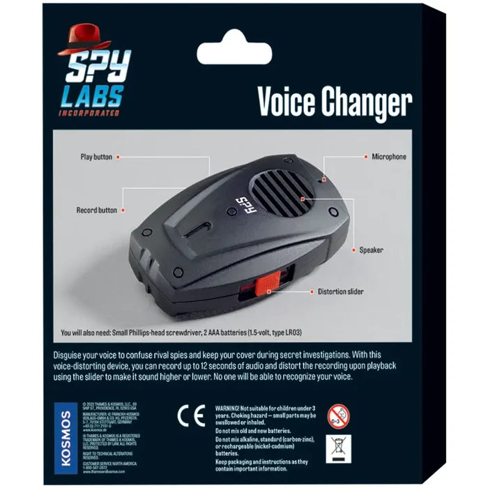 Black packaging for a dark grey wedge-shaped voice changer toy with labeled buttons and a red distortion slider.