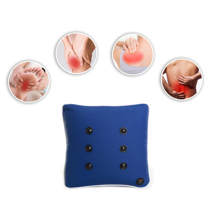 Square blue cushion with six massage nodes and inset images showing foot, knee, shoulder, and back pain relief.