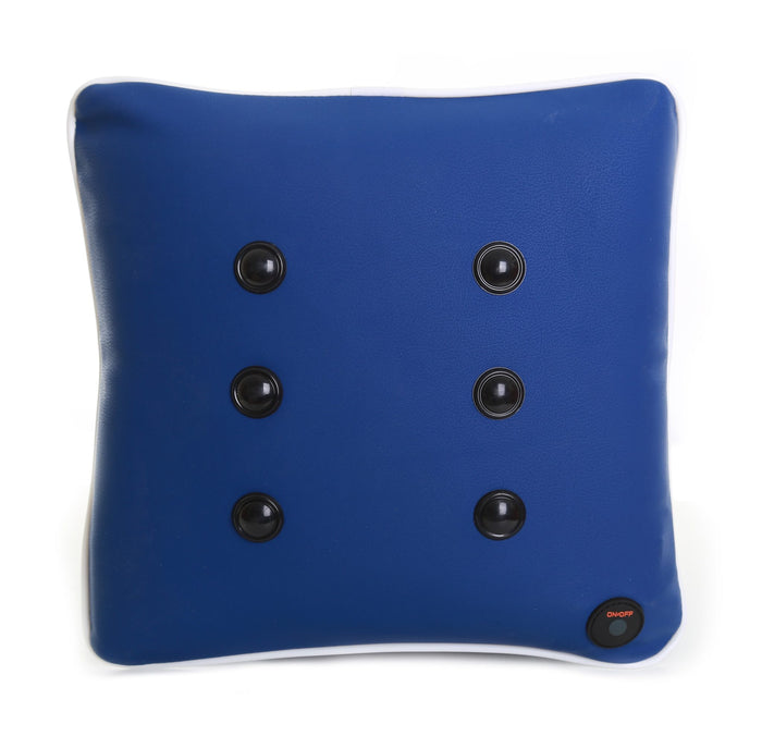 Blue square cushion with white trim, six black massage nodes in two columns, and a power button in the bottom corner.