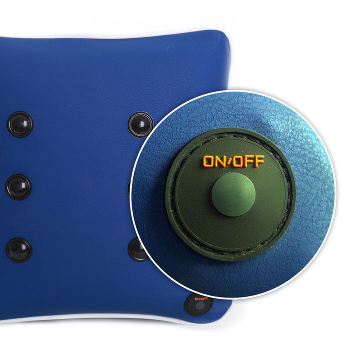 Blue textured square cushion with black nodes and a circular inset showing a green power button with orange text.