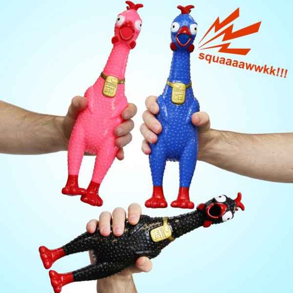 Hands squeeze pink, blue, and black rubber chickens with wide eyes and open mouths. One is squawking.