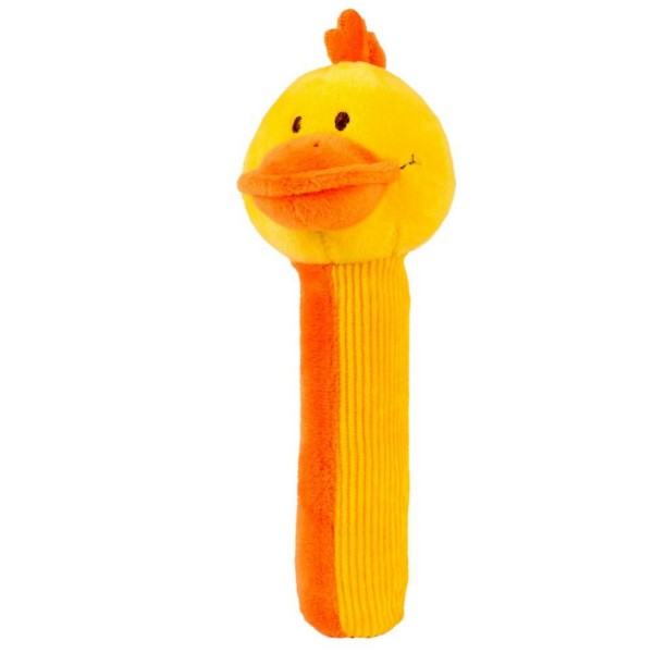 Yellow and orange plush duck toy with a round head, orange beak, and a long, ribbed corduroy and plush handle.