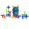 Multi-colored suction cup building toys in various shapes displayed next to a clear jar with a blue smiley face logo.