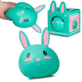 Teal round bunny toy with pink ears and cheeks, shown being squeezed, in packaging, and sitting upright.
