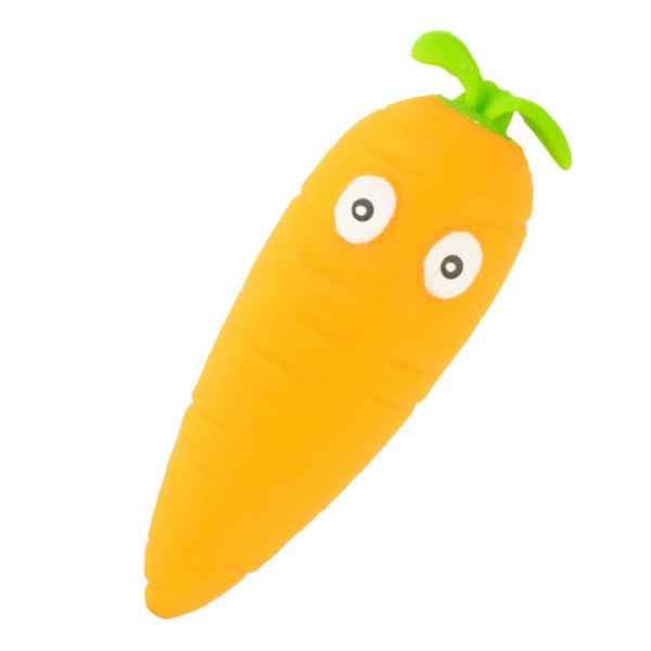 Orange carrot-shaped toy with a green leafy top and large, wide-set white eyes.
