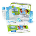 Green box science kit with blue sensory bottles, beads, a mood lamp, and experiment guide on a white background.