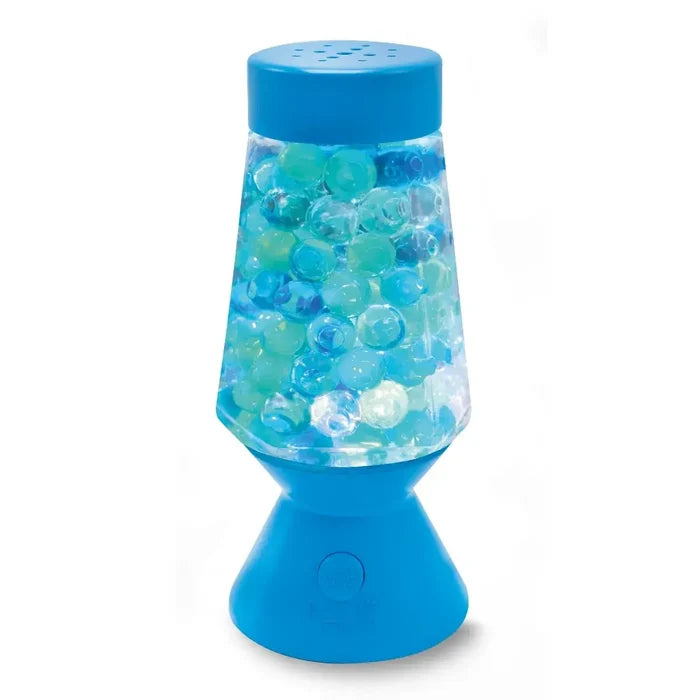 Blue lava lamp-shaped container filled with blue, teal, and clear water beads on a solid blue base.