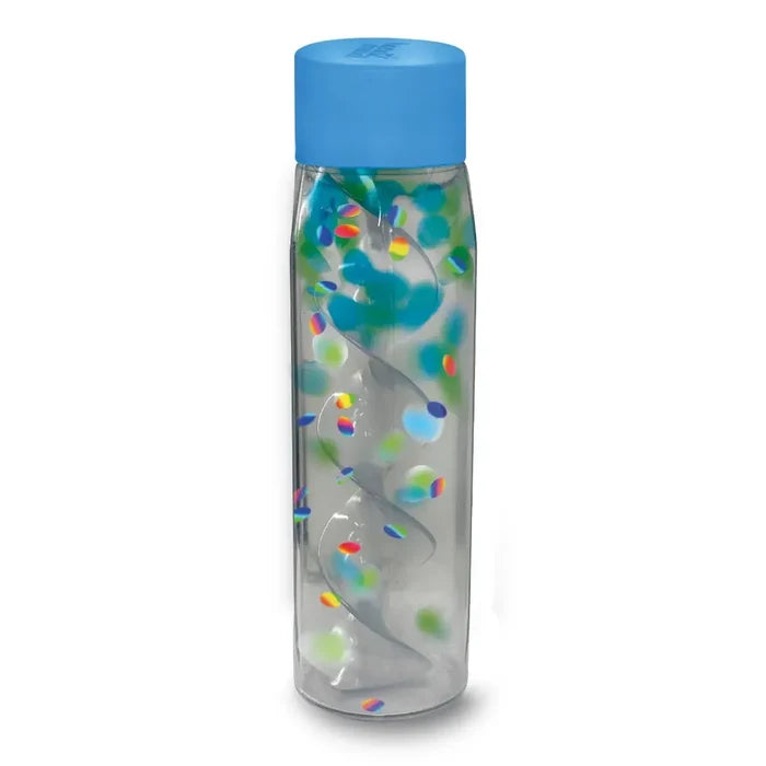 Tall clear bottle with blue cap, featuring a white internal spiral and colorful water beads floating in liquid.