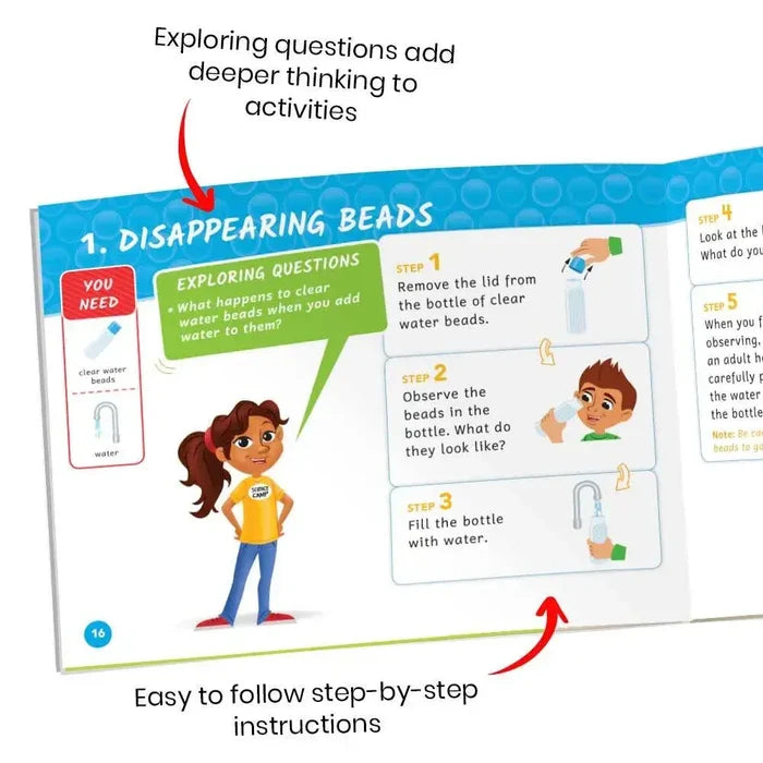 Manual page for a water bead activity with numbered steps, cartoon characters, and red arrows highlighting features.