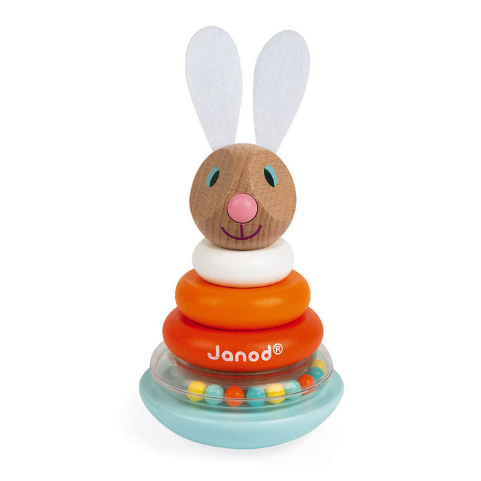 Wooden stacking rabbit toy with white felt ears, orange rings, and a light blue rattle base with colorful beads.