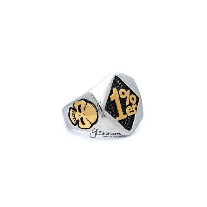 Stainless steel men's ring by Glitters featuring a two-tone casting design, 1% er One Percenter style, shown on a white background.