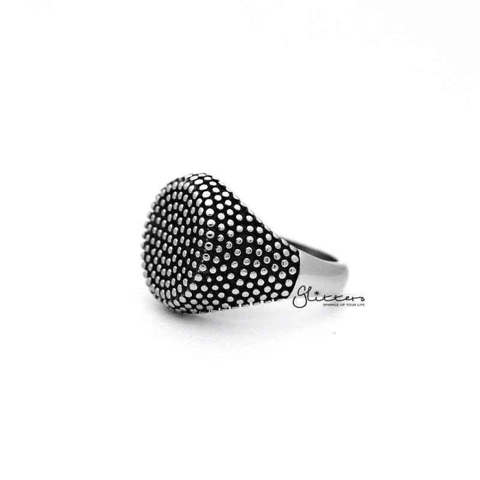 Stainless steel antiqued circle shape dot casting men's ring by Glitters, featuring a sleek silver finish and unique engraved design.