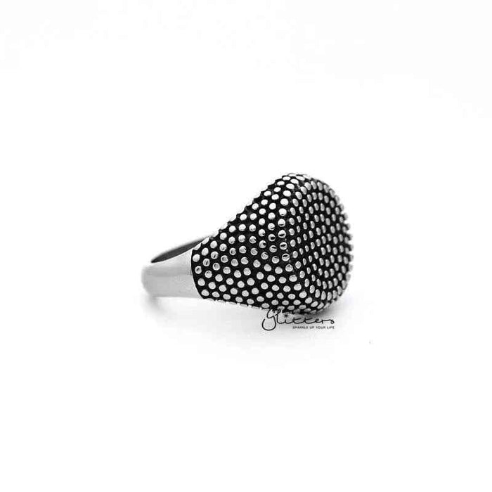 Stainless steel antiqued circle shape dot casting men's ring by Glitters featuring a sleek, modern design with circular accents.
