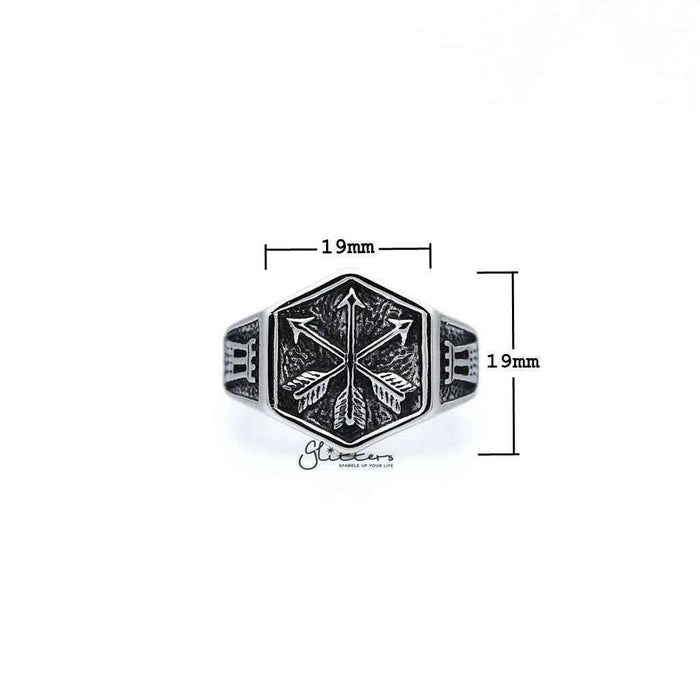 Stainless steel men's ring with antiqued crossed three arrows design, casting style from Glitters.