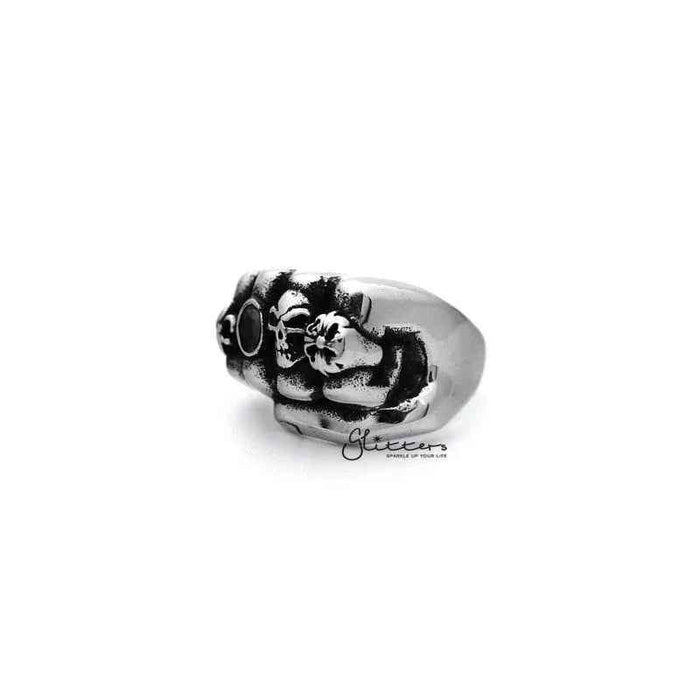 Stainless steel antiqued fist casting men's ring by Glitters, featuring a bold, detailed fist design on a polished metal band.