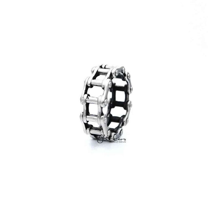 Stainless steel antiqued motorcycle chain casting men's ring by Glitters, featuring rugged, detailed design and polished finish.
