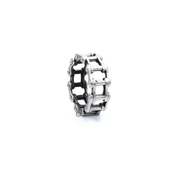 Stainless steel antiqued motorcycle chain casting men's ring by Glitters, featuring a rugged, detailed motorcycle chain design.