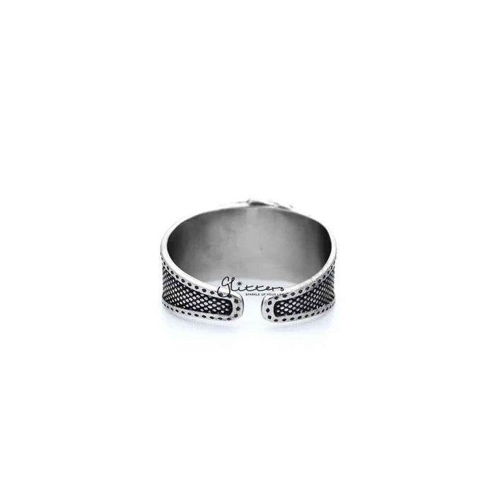 Stainless steel antiqued poker cards casting men's open rings by Glitters, featuring detailed poker card designs on the band.