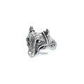 Stainless steel men's ring with antiqued wolf head casting design, by Glitters, featuring detailed wolf motif on the band.