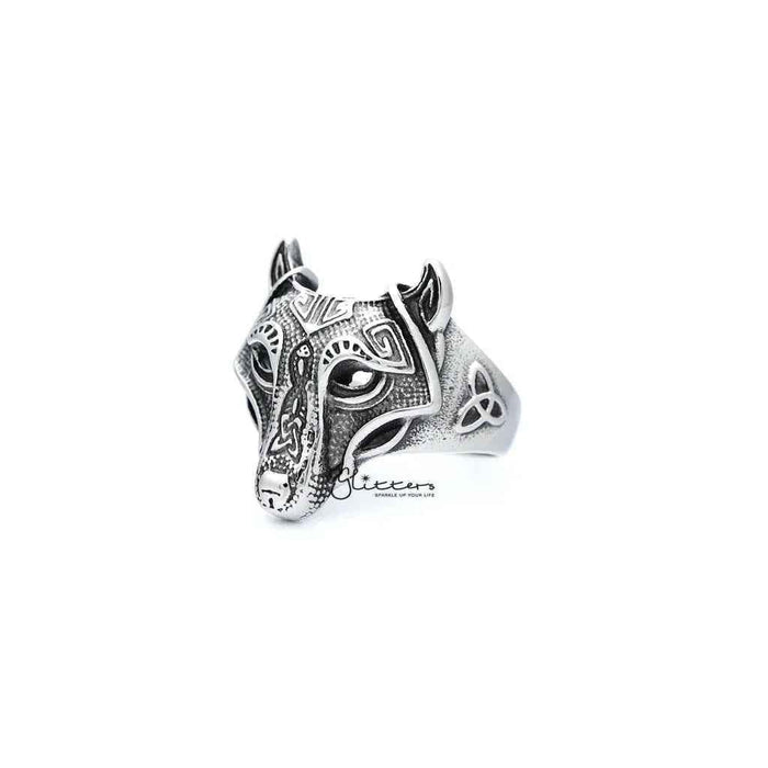 Stainless steel men's ring with antiqued wolf head casting design, by Glitters, featuring detailed wolf motif on the band.
