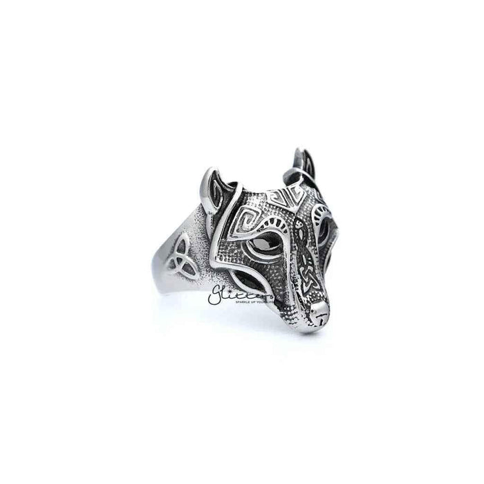 Stainless steel men's ring with antiqued wolf head casting, detailed wolf design, from Glitters stainless steel rings collection.