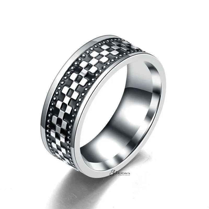 Stainless steel checkerboard band ring by Glitters, featuring a sleek, polished finish and geometric checkerboard pattern.
