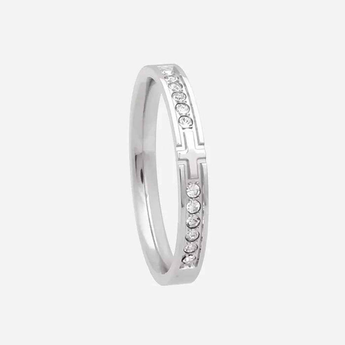 Silver stainless steel cross ring with sparkling cubic zirconia stones from Glitters, stylish jewelry accessory.