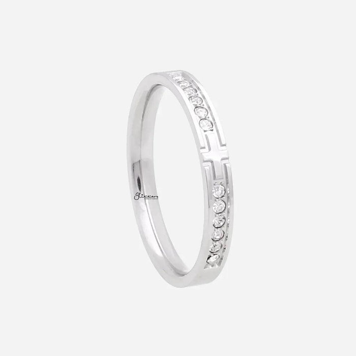 Silver stainless steel cross ring with cubic zirconia accents, stylish jewelry piece by Glitters.