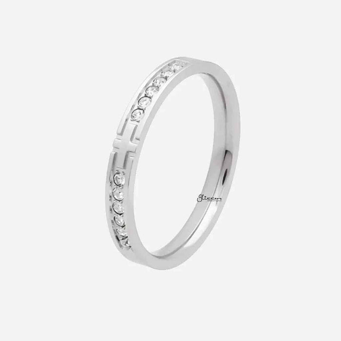 Silver stainless steel cross ring with CZ stones by Glitters, featuring a sleek design and detailed craftsmanship.