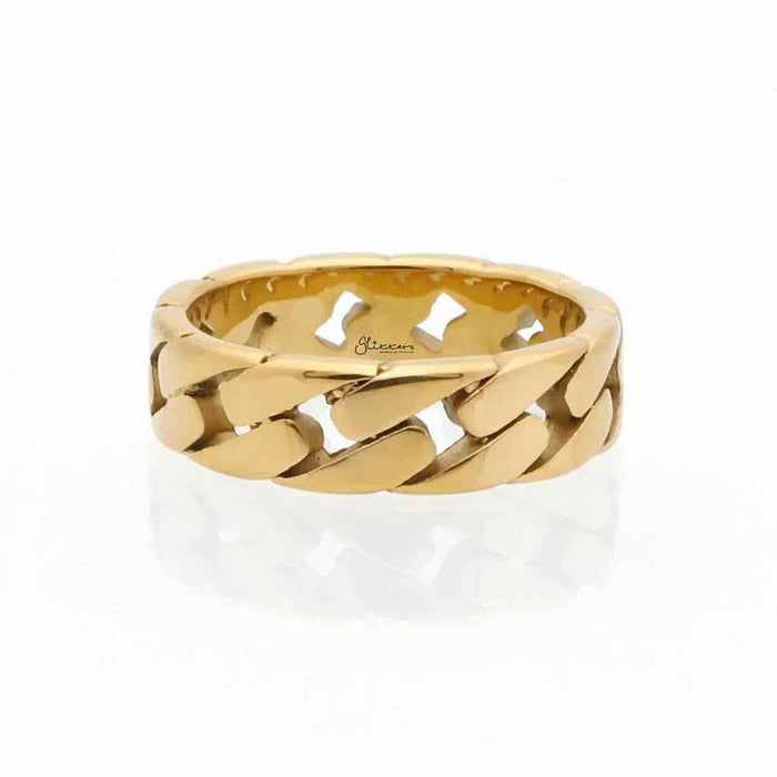 Gold stainless steel Cuban curb chain link ring by Glitters, showcasing a shiny, textured chain design on a plain background.