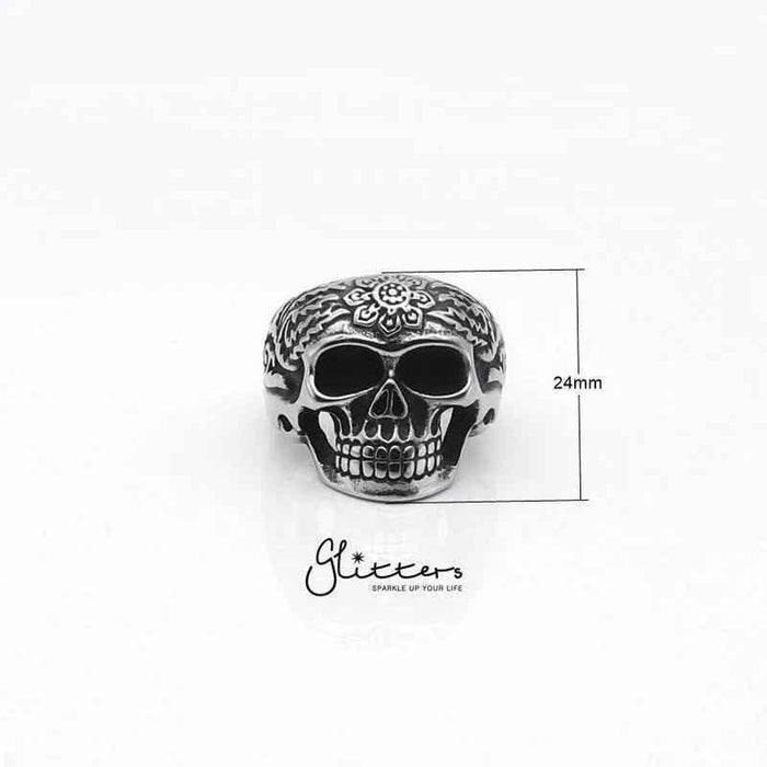 Stainless steel Day of the Dead sugar skull ring with decorative engravings, designed by Glitters.