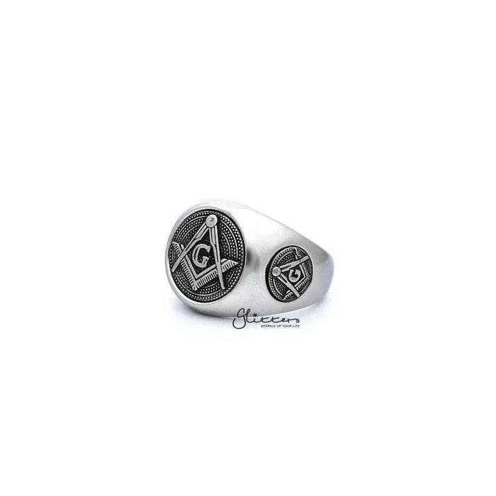 Stainless steel Masonic casting men's ring by Glitters featuring intricate engraved symbols and a polished finish.