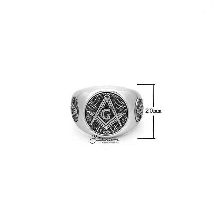 Stainless steel Masonic casting men's ring with engraved details, crafted by Glitters, showcasing a sleek, durable design.