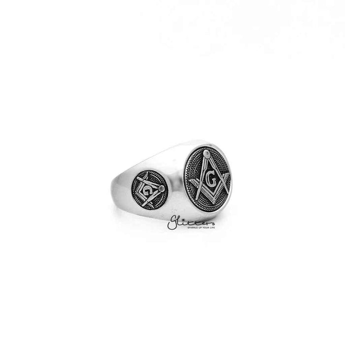 Stainless steel Masonic casting men's ring from Glitters, featuring detailed engraved design and polished finish.