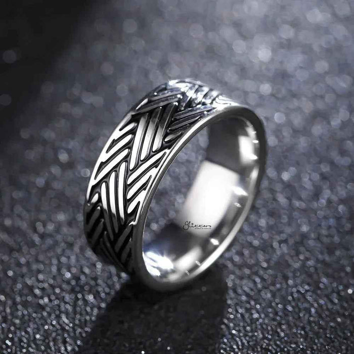 Stainless steel multi-line band ring by Glitters, featuring a sleek, modern design with multiple layered lines for a stylish look.