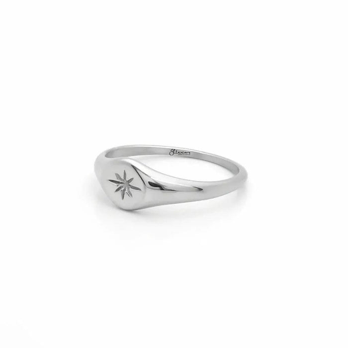 Silver stainless steel oval sunburst signet ring from Glitters, featuring a polished, decorative design on a durable band.