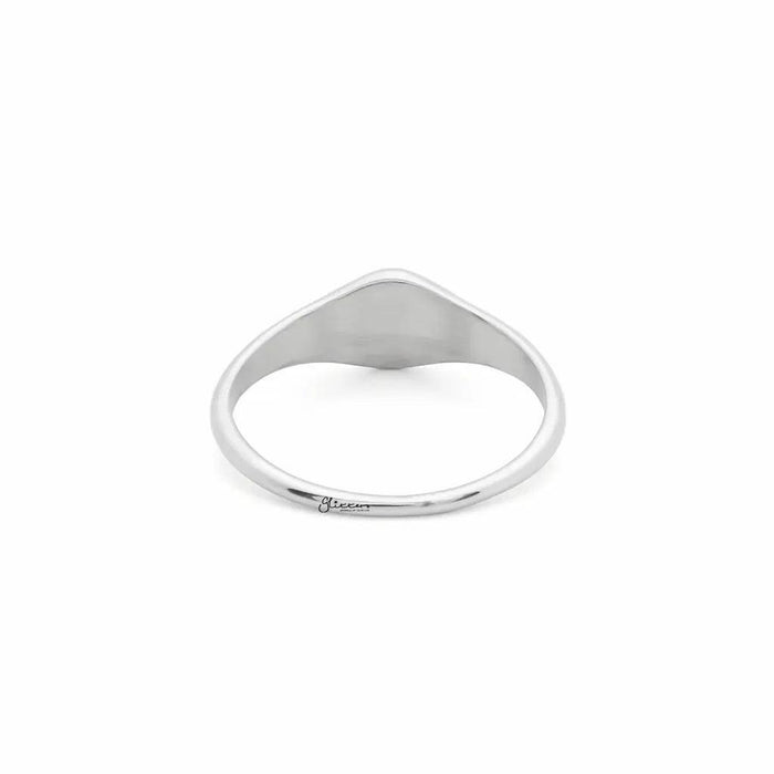 Stainless steel oval sunburst signet ring in silver, designed by Glitters, showing a polished, detailed sunburst pattern on the ring's surface.