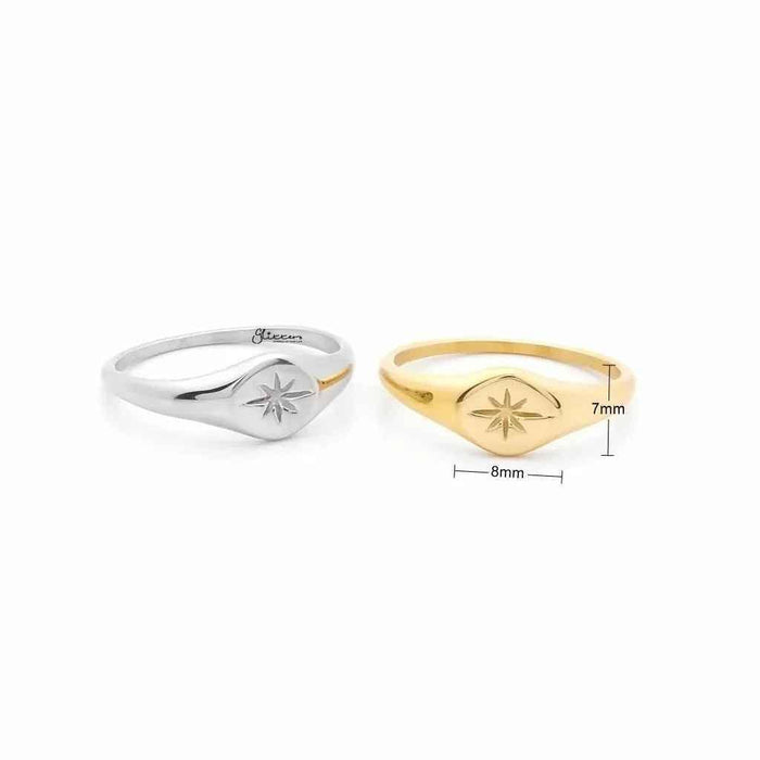 Stainless steel oval sunburst signet ring in silver, featuring a polished sunburst design on a sleek band.