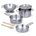 Shiny stainless steel toy pots, pans, and colander set with two wooden utensils on a white background.
