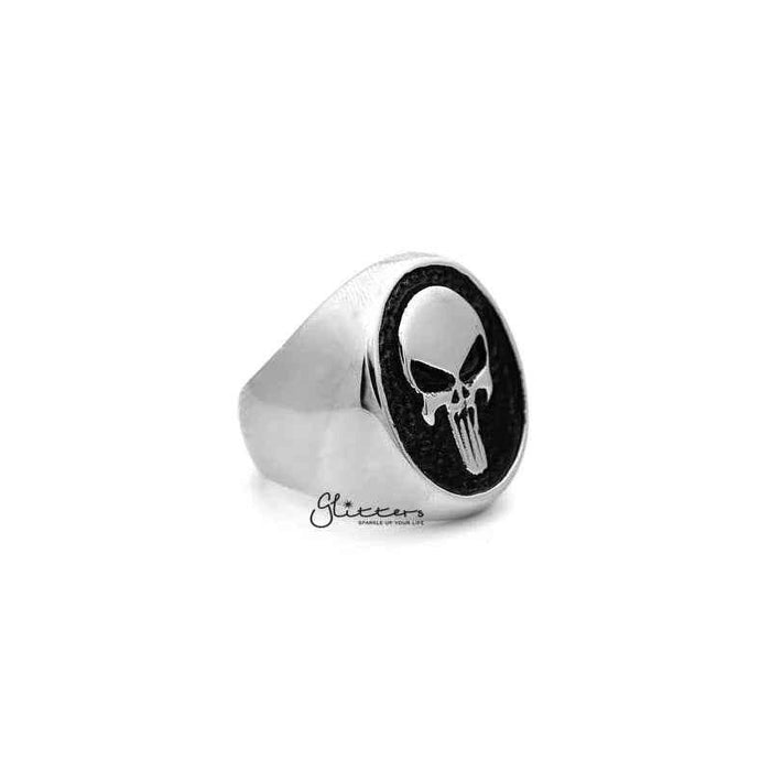 Stainless steel Punisher skull casting men's ring by Glitters, featuring a detailed skull design on a sleek band.