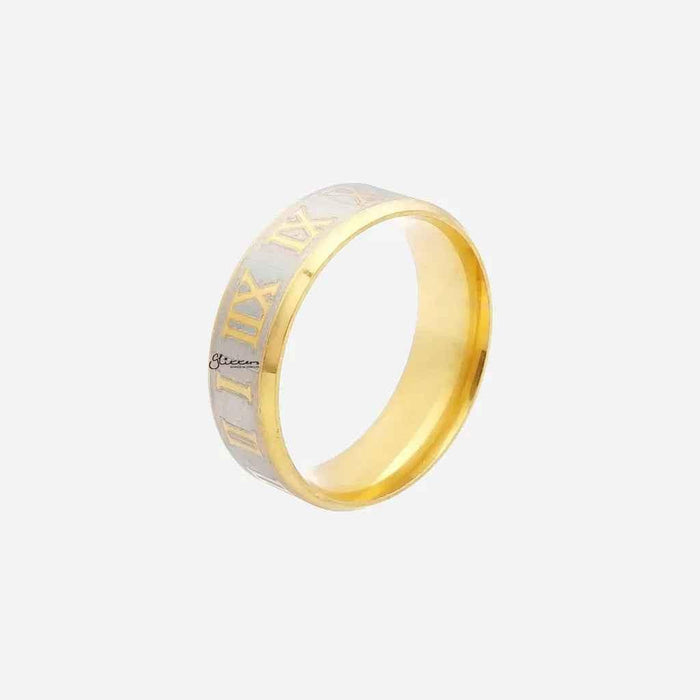 Gold stainless steel Roman numeral ring by Glitters, showcasing a sleek design and engraved Roman numerals on a shiny band.