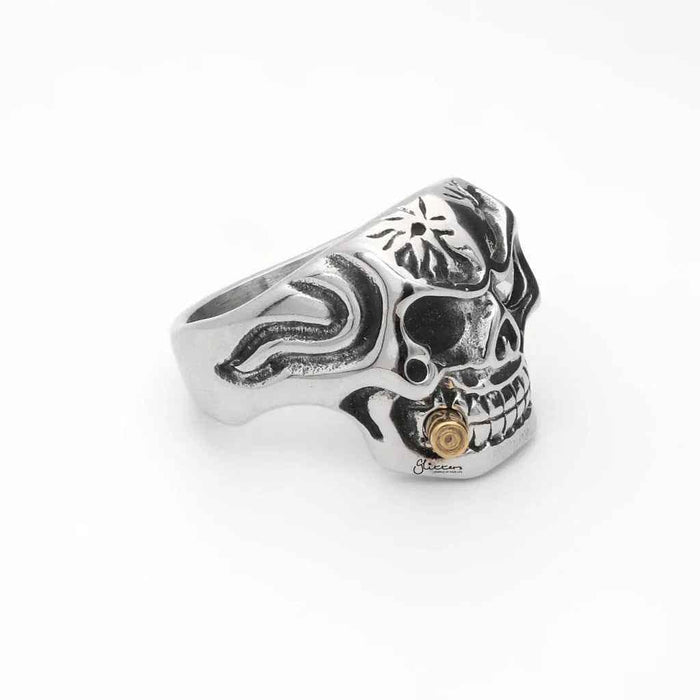 Stainless steel skull ring with a gold bullet detail from Glitters, featuring a bold, edgy design on a sleek band.