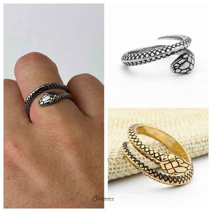 Gold stainless steel snake ring by Glitters featuring a sleek, curved snake design, perfect for stylish jewelry collections.