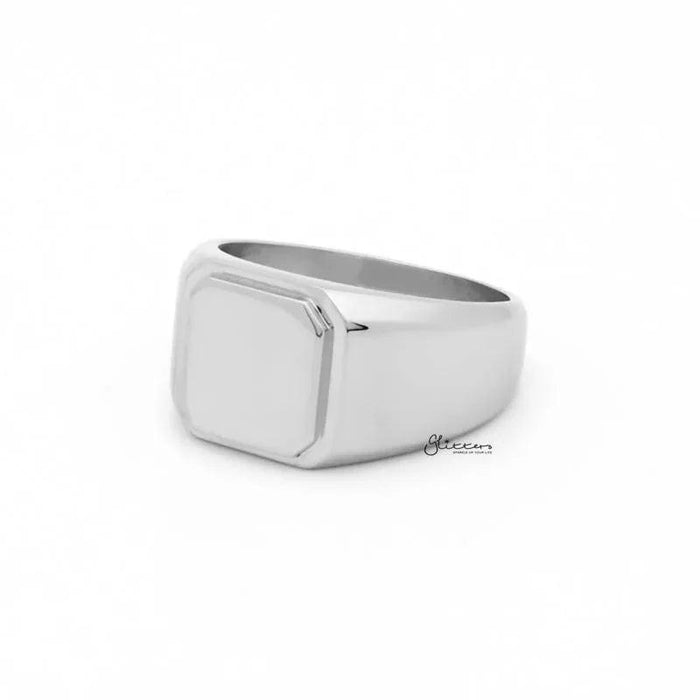 Silver stainless steel square flat top signet ring by Glitters, showcasing a sleek, polished design perfect for stylish accessories.