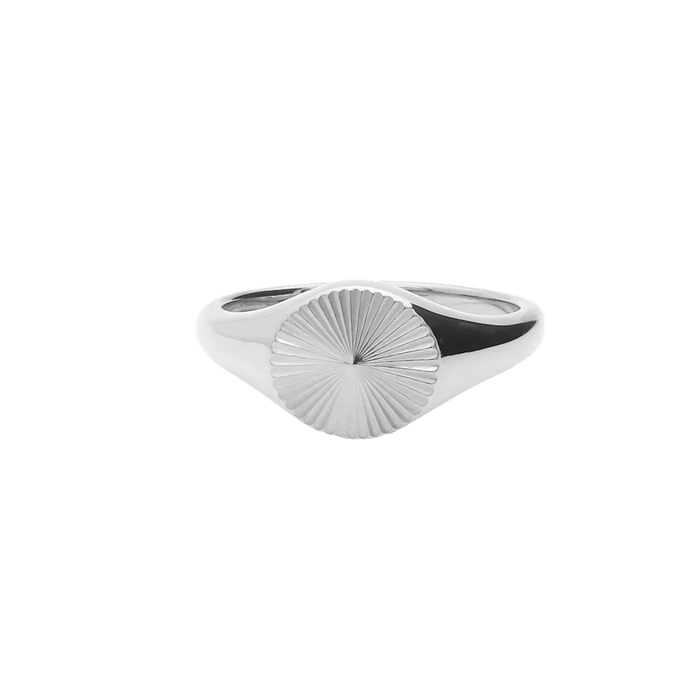 Silver stainless steel Sunburst Signet Ring by Glitters, featuring a detailed sunburst design on a polished band