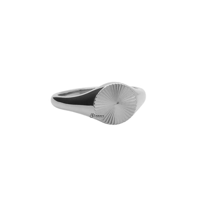 Silver stainless steel Sunburst Signet Ring by Glitters featuring a bold sunburst design and polished finish.