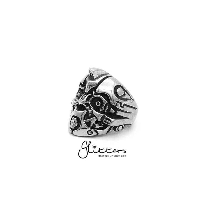 Set of stainless steel Transformers robot casting rings by Glitters, detailed metallic rings for jewelry or cosplay accessories.